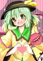  commentary_request female green_eyes green_hair hat hat_ribbon heart komeiji_koishi long_hair long_sleeves natsu_(norari_kurari) open_mouth ribbon smile solo third_eye touhou 