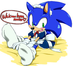  anthro armwear blue_body blue_fur blue_hair blush clothed clothing crossdressing eulipotyphlan femboy footwear fur gloves green_eyes hair handwear heart_symbol hedgehog looking_at_viewer maid_uniform male mammal sega shoppaaaa socks solo sonic_the_hedgehog sonic_the_hedgehog_(series) speech_bubble text uniform white_armwear white_clothing 