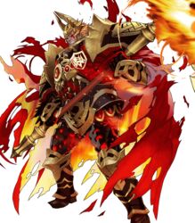  1boy armor beard black_armor cape clenched_teeth commentary_request facial_hair fake_horns feathers fire fire_emblem fire_emblem_heroes gauntlets glowing glowing_eye greaves helmet highres holding holding_weapon horned_helmet horns lava maeshima_shigeki male_focus official_art orange_hair red_cape red_eyes scar scar_across_eye scar_on_face scythe shoulder_armor sinmara_(fire_emblem) solo surtr_(fire_emblem) teeth torn_cape torn_clothes transparent_background weapon 