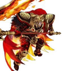  1boy armor beard black_armor cape clenched_teeth commentary_request facial_hair fake_horns feathers fire fire_emblem fire_emblem_heroes full_body gauntlets glowing glowing_eye greaves helmet highres holding holding_weapon horned_helmet horns lava maeshima_shigeki male_focus official_art orange_hair red_cape red_eyes scar scar_across_eye scar_on_face scythe shoulder_armor sinmara_(fire_emblem) solo surtr_(fire_emblem) teeth transparent_background weapon 