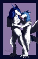  2016 absorption_vore anthro blue_body blue_border blue_fur border claws daughter_(lore) digital_media_(artwork) digitigrade dorota_gierymska duo eye_contact featureless_crotch female front_view fur hand_holding hi_res laura_gierymska licking long_tongue looking_at_another mother_(lore) mother_and_child_(lore) mother_and_daughter_(lore) nude open_mouth parent_(lore) parent_and_child_(lore) parent_and_daughter_(lore) purple_background sergal simple_background smile snout snout_lick tail tongue tongue_out vore waismuth white_body white_fur 