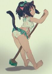  animal_ears ass barefoot black_hair broom cat_ears cat_tail female female from_behind full_body hantsuki_(ichigonichiya) looking_back panties solo tail 