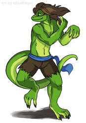  anthro biped brown_hair clothed clothing dancing drake_searas green_body green_eyes green_scales hair lizardman long_hair long_tail male partially_clothed reptile scales scalie simple_background smile solo standing tail topless white_background wooperworks 