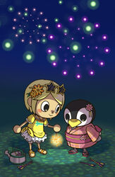  2girls animal_crossing aurora aurora_(animal_crossing) bird blonde_hair doubutsu_no_mori fireworks flower multiple_girls nintendo penguin player_1 skirt sparkler sunglases sunglasses teru_suzu villager_(doubutsu_no_mori) 