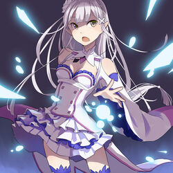  bare_shoulders braid breasts casting_spell cleavage commentary_request dress elf emilia_(re:zero) female flower frilled_dress frills grey_hair hair_flower hair_ornament layered_dress long_hair long_sleeves medium_breasts meganei open_mouth pointy_ears re:zero_kara_hajimeru_isekai_seikatsu solo thighhighs white_dress white_hair wide_sleeves 