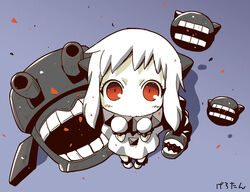  abyssal_ship chibi colored_skin commentary_request female from_above gerotan horns kantai_collection long_hair looking_at_viewer mittens monster northern_ocean_princess open_mouth pale_skin red_eyes solo turret white_hair white_mittens white_skin 