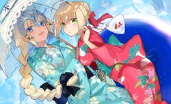  2girls :d ahoge bad_id bad_twitter_id bag bagged_fish black_ribbon blonde_hair blue_eyes blue_kimono blue_sky braid buun_ko cloud cloudy_sky day dutch_angle fallstreak_hole fate/apocrypha fate/extra fate/grand_order fate_(series) fish floral_print french_braid goldfish green_eyes hair_between_eyes hair_ornament hair_ribbon headpiece holding holding_umbrella japanese_clothes jeanne_d&#039;arc_(anniversary_heroines)_(fate) jeanne_d&#039;arc_(fate) kimono lily_print long_hair long_sleeves looking_at_viewer morning_glory_print multiple_girls nero_claudius_(anniversary_heroines)_(fate) nero_claudius_(fate) nero_claudius_(fate/extra) obi official_alternate_costume open_mouth parted_lips red_kimono red_ribbon ribbon sash shared_umbrella sidelocks single_braid sky smile standing star_(sky) starry_sky umbrella wide_sleeves 