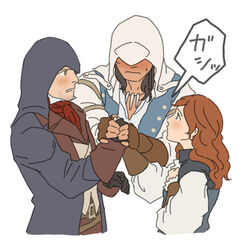  2boys akira_(graphicaldead) arno_dorian assassin&#039;s_creed:_unity assassin&#039;s_creed_(series) assassin&#039;s_creed_iii bad_id bad_pixiv_id blush brown_eyes brown_hair connor_kenway elise_de_la_serre female gloves holding_hands hood long_hair multiple_boys 