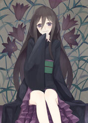  black_flower black_kimono brown_eyes brown_flower brown_hair commentary_request female flower hand_on_own_chin hayashi_kewi highres japanese_clothes kamchatka_lily kimono kimono_skirt lolita_fashion long_hair looking_at_viewer original sitting smile solo wa_lolita 