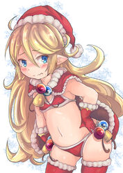  bell blonde_hair blue_eyes blush bra charlotta_(granblue_fantasy) commentary_request embarrassed female gloves granblue_fantasy hat heo_(tkgm) highres long_hair looking_at_viewer navel panties pointy_ears red_bra red_gloves red_legwear red_panties santa_costume santa_hat simple_background solo underwear wavy_mouth white_background 