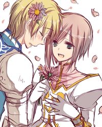  1boy a_(pivot-nitidokui) armor bad_id bad_pixiv_id blonde_hair blush closed_eyes couple estellise_sidos_heurassein female flower flynn_scifo gloves green_eyes hair_flower hair_ornament petals pink_hair short_hair smile straight tales_of_(series) tales_of_vesperia white_gloves 