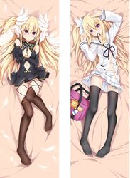  bad_id bad_pixiv_id bag black_dress black_gloves black_legwear blonde_hair cleavage_cutout clothing_cutout dakimakura_(medium) date_a_live dress earrings elbow_gloves feathered_wings female gekijouban_date_a_live:_mayuri_judgement gloves hair_ribbon jacket jewelry long_hair looking_at_viewer lying mayuri_(date_a_live) mouth_hold multiple_views navel navel_cutout on_back panties partially_unbuttoned pearl_earrings pink_panties purple_eyes qingye_ling reaching reaching_towards_viewer ribbon ribbon_in_mouth school_bag skirt thighhighs underwear white_jacket white_ribbon white_skirt wings 