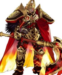  1boy armor beard black_armor cape clenched_teeth commentary_request facial_hair fake_horns feathers fire fire_emblem fire_emblem_heroes gauntlets glowing glowing_eye greaves helmet highres holding holding_weapon horned_helmet horns lava maeshima_shigeki male_focus official_art orange_hair red_cape red_eyes scar scar_across_eye scar_on_face scythe shoulder_armor sinmara_(fire_emblem) solo standing surtr_(fire_emblem) teeth transparent_background weapon 