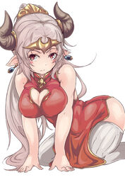  aliza_(granblue_fantasy) bad_hands blush breasts chinese_clothes cleavage cleavage_cutout clothing_cutout commentary_request draph dress earrings female granblue_fantasy grey_hair heo_(tkgm) horns jewelry kneeling large_breasts long_hair looking_at_viewer pointy_ears ponytail red_dress red_eyes simple_background solo thighhighs white_background white_thighhighs 