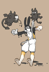  anthro clothing fleischer_style_toon flir_(rabbit) flir_(toon_rabbit) forced gloves group handwear imp inkblot lagomorph latex leporid mammal mind_control overalls paint rabbit redic-nomad simple_background spiral_eyes toonification toony transformation 