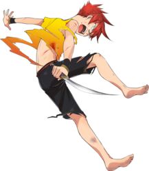  1boy aizen_kunitoshi bandaid bandaid_on_face bandaid_on_nose barefoot full_body injury male_focus official_art open_mouth red_hair sako_misaki short_sword solo sword tantou torn_clothes touken_ranbu transparent_background weapon 