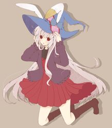  animal_ears blush boots bow casual center_frills chuo_(irityuo) coat commentary_request dress female frills grey_background hands_on_headwear hat hat_bow irisu_kyouko irisu_shoukougun! long_hair looking_at_viewer pleated_dress rabbit_ears red_dress red_eyes silver_hair solo very_long_hair witch_hat 