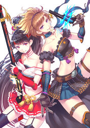  2girls bell blonde_hair breasts commentary_request cover cover_page elbow_gloves garter_straps gloves gun gun_shadow handgun headband long_hair looking_at_viewer midriff multiple_girls musket nishimura_eri photoshop_(medium) pleated_skirt ponytail purple_eyes red_eyes revolver skirt small_breasts thighhighs very_long_hair weapon weapon_request white_background zettai_ryouiki 