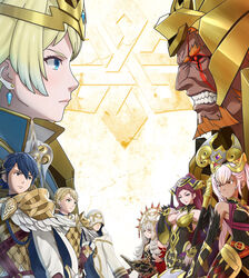  3boys 5girls alfonse_(fire_emblem) armor bad_id bad_link bare_shoulders black_sclera blonde_hair blue_eyes blue_hair book braid breasts cleavage clenched_teeth colored_sclera crown crown_braid dress earrings faceoff facial_hair feather_trim fensalir fire_emblem fire_emblem_heroes fjorm_(fire_emblem) folkvangr french_braid gloves gradient_hair green_eyes grey_hair hair_ornament halberd hand_on_own_chest hat highres hood jewelry kiran_(fire_emblem) kozaki_yuusuke laevatein_(fire_emblem) large_breasts lips loki_(fire_emblem) long_coat long_hair long_sleeves medium_breasts multicolored_hair multiple_boys multiple_girls official_art open_book opposing_sides orange_eyes orange_facial_hair pink_hair polearm ponytail purple_eyes purple_hair red_eyes scale_armor scar scar_across_eye scar_on_face serious sharena_(fire_emblem) short_hair sleeveless spear staff surtr_(fire_emblem) teeth twintails veronica_(fire_emblem) weapon 