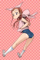  ass brown_eyes brown_hair checkered_background commentary_request female hairband hands_in_pockets hood hoodie idolmaster idolmaster_(classic) kneehighs long_hair looking_back minase_iori one-piece_swimsuit school_swimsuit socks solo swimsuit swimsuit_under_clothes ttomm white_socks 