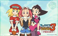  3girls aero_(mega_man) artist_request belt bike_shorts black_hair blonde_hair blue_sky cabbie_hat capcom cloud cropped_jacket crotch_plate double_v earrings gloves goggles goggles_on_head green_eyes grin hair_pulled_back hairband hat highres jacket jewelry mega_man_(series) mega_man_legends_(series) mega_man_legends_3 multiple_girls official_art official_wallpaper pantyhose pink_hair pink_hairband red_eyes red_jacket red_shorts roll_caskett_(mega_man) servbot_(mega_man) shorts sky smile spandex tron_bonne_(mega_man) v 