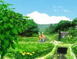  1boy 2girls bicycle chuu_totoro commentary_request father_and_daughter flower karakasa_harubaru kusakabe_mei kusakabe_satsuki kusakabe_tatsuo lolicon multiple_girls multiple_riders nature outdoors path plant riding road scenery tonari_no_totoro water_drop 