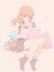  bad_id bad_pixiv_id black_dress blue_eyes blush bracelet brown_hair character_name ditto dress earrings female green_(pokemon) hirosuke_(psychexx) hug jewelry jigglypuff long_hair pokemon pokemon_(creature) pokemon_adventures shoes short_dress sitting smile wartortle 