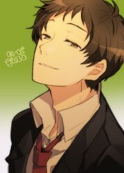  1boy adachi_tooru brown_eyes brown_hair commentary_request male_focus necktie persona persona_4 photoshop_(medium) saeuchobab solo 