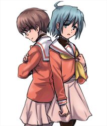  2boys ayasaki_hayate back-to-back bad_id bad_pixiv_id blue_eyes blue_hair brown_eyes brown_hair company_connection crossdressing crossover glasses hakuo_school_uniform hayate_no_gotoku! kajiki_nora kami_nomi_zo_shiru_sekai katsuragi_keima male_focus multiple_boys pantyhose photoshop_(medium) school_uniform serafuku short_hair shounen_sunday 