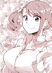  anjou_naruko ano_hi_mita_hana_no_namae_wo_bokutachi_wa_mada_shiranai. breasts commentary_request female large_breasts monochrome sakayama_shinta smile solo twintails upper_body 