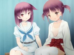  2girls brown_eyes brown_hair chitosezaka_suzu collar commentary_request hakama hakama_short_skirt hakama_skirt japanese_clothes miko miyanaga_teru multiple_girls open_clothes open_shirt pink_hair red_eyes saki_(manga) school_uniform shiraitodai_school_uniform shirt short_hair sitting skirt tan tanlines thighhighs twintails usuzumi_hatsumi 