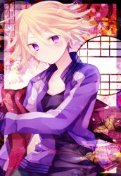  1boy bad_id bad_pixiv_id blonde_hair bug butterfly ibara_riato ivan_karelin jacket letterman_jacket male_focus purple_eyes purple_jacket solo tiger_&amp;_bunny window 