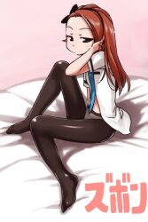  black_eyes black_pantyhose blush brown_hair commentary_request feet female hairband idolmaster idolmaster_(classic) long_hair minase_iori necktie no_shoes panties panties_under_pantyhose pantyhose petite rough_time_school_(idolmaster) school_uniform sitting solo ttomm underwear 