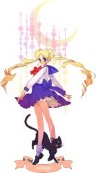  awako bare_legs bishoujo_senshi_sailor_moon black_cat black_footwear blonde_hair blue_eyes blue_sailor_collar blue_skirt character_name commentary_request crescent_moon double_bun drill_hair feline female full_body gradient hair_bun highres juuban_middle_school_uniform long_hair luna_(sailor_moon) moon pleated_skirt sailor_collar school_uniform serafuku shoes skirt socks star_(symbol) tsukino_usagi twintails very_long_hair white_background white_legwear 