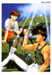  1990s_(style) 1boy assault_suits_series assault_suits_valken boots cloud couple crea_coral cup day female good_end highres jake_brain manly mecha military military_uniform muscular official_art pantyhose photoshop_(medium) pilot_suit promotional_art retro_artstyle robot scan short_hair skirt spoilers straight sun uniform urushihara_satoshi valken victory 