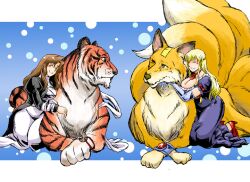  2girls azuki_osamitsu blonde_hair breasts brown_hair cleavage closed_eyes commentary_request dress fox hijiri_byakuren kitsune kneeling kyuubi large_breasts multiple_girls multiple_tails photoshop_(medium) smile tail tiger toramaru_shou toramaru_shou_(tiger) touhou yakumo_ran yakumo_ran_(fox) yakumo_yukari 