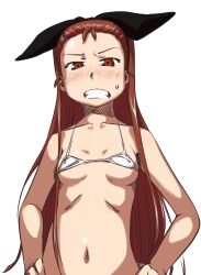  antenna_hair bikini blush breasts brown_eyes brown_hair clenched_teeth commentary_request female hairband hands_on_own_hips idolmaster idolmaster_(classic) long_hair micro_bikini minase_iori navel simple_background small_breasts solo sweat swimsuit teeth ttomm underboob upper_body very_long_hair white_bikini 