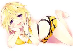  bad_id bad_pixiv_id barefoot bikini blonde_hair blush bracelet breasts charlotte_dunois cleavage cross female head_rest infinite_stratos jewelry medium_breasts nakayama_miyuki necklace open_mouth orange_sarong print_sarong purple_eyes sarong solo striped_clothes striped_sarong swimsuit yellow_bikini 