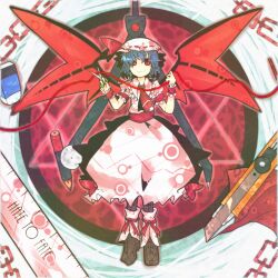  ascot bad_id bad_pixiv_id bat_wings blue_hair boxcutter brooch chains compass eraser female hat highres itomugi-kun jewelry miserable_fate oerba_yun_fang red_eyes remilia_scarlet scissors short_hair solo string string_of_fate touhou wings wrist_cuffs 