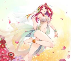  anemone_(flower) ankle_cuffs anklet bad_id bad_pixiv_id bangle barefoot bikini bracelet carnation cherry_blossoms dress feet female flower harem_outfit jewelry long_legs magi_the_labyrinth_of_magic morgiana nail_polish necklace omari one_side_up ornament pink_flower purple_flower red_carnation red_flower red_hair see-through smile snowbell_(flower) solo swimsuit white_flower yellow_flower 