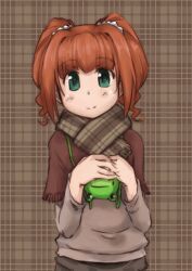  bag brown_hair female frog green_eyes handbag idolmaster idolmaster_(classic) petite plaid plaid_background scarf short_twintails smile solo takatsuki_yayoi ttomm twintails upper_body 