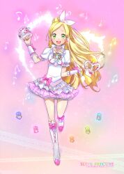  bad_id bad_pixiv_id beamed_sixteenth_notes blonde_hair blush boots bow character_name choker copyright_name cure_rhythm earrings eighth_note eyelashes fantastic_belltier female green_eyes heart highres jewelry knee_boots long_hair magical_girl minamino_kanade musical_note open_mouth photoshop_(medium) precure quarter_note sixteenth_note skirt smile solo suite_precure ume_(plumblossom) white_choker wrist_cuffs 