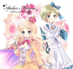  2girls apron arched_crown atelier_(series) atelier_meruru blonde_hair blue_eyes bow braid brooch brown_hair cape commentary_request copyright_name crown dress floral_background flower green_eyes hair_ribbon half_updo heart hoshino_(nia_hoshino) jewelry kaena_swaya long_hair merurulince_rede_arls multiple_girls photoshop_(medium) red_bow red_crown ribbon short_hair smile test_tube tilted_headwear waist_bow white_dress 