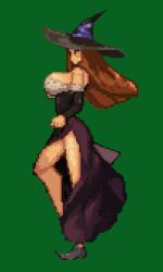  alicenanari breasts brown_hair commentary_request dragon&#039;s_crown dress female hat large_breasts long_hair lowres pixel_art side_slit solo sorceress_(dragon&#039;s_crown) strapless strapless_dress witch_hat 