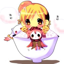  :3 biting blonde_hair blush bowl charlotte_(madoka_magica) chibi chocolat_(momoiro_piano) commentary_request drill_hair egg_yolk female food head_biting in_bowl in_container kyuubee mahou_shoujo_madoka_magica mahou_shoujo_madoka_magica_(anime) pink_hair red_eyes rice role_reversal tamagokake_gohan tomoe_mami twin_drills twintails yellow_eyes 