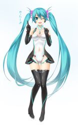  ;d aqua_eyes aqua_hair boots commentary_request elbow_gloves female gloves goodsmile_company goodsmile_racing hatsune_miku highres leotard long_hair navel one_eye_closed open_mouth photoshop_(medium) pointing race_queen racing_miku racing_miku_(2011) simple_background smile solo thigh_boots thighhighs twintails very_long_hair vocaloid wacchi 