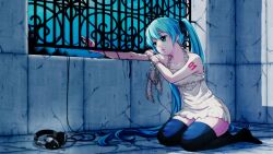  aqua_eyes aqua_hair bad_id bad_pixiv_id female fuusha hatsune_miku headphones highres long_hair sitting solo thighhighs twintails very_long_hair vocaloid zettai_ryouiki 