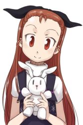  antenna_hair blush brown_hair commentary_request female hairband holding idolmaster idolmaster_(classic) long_hair minase_iori simple_background smile solo stuffed_animal stuffed_rabbit stuffed_toy ttomm upper_body usa-chan_(idolmaster) 