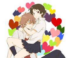  1boy bad_id bad_pixiv_id black_legwear blush brown_eyes brown_hair female green_eyes heart hug konno_makoto mako_(macomaco7) mamiya_chiaki pleated_skirt school_uniform short_hair simple_background skirt toki_wo_kakeru_shoujo 