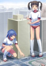  2girls :d bad_id bad_pixiv_id blue_eyes blue_hair braid brown_eyes brown_hair building buruma car commentary_request copyright_request giant giantess gym_uniform highres kneehighs manzi motor_vehicle multiple_girls open_mouth reaching rooftop shoes smile socks squatting twin_braids twintails uwabaki white_legwear 